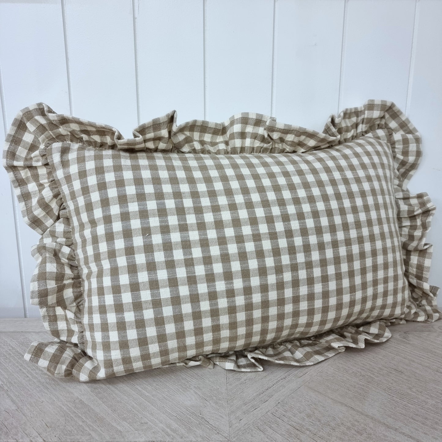 Gingham Ruffle Rectangular Cushion - Natural