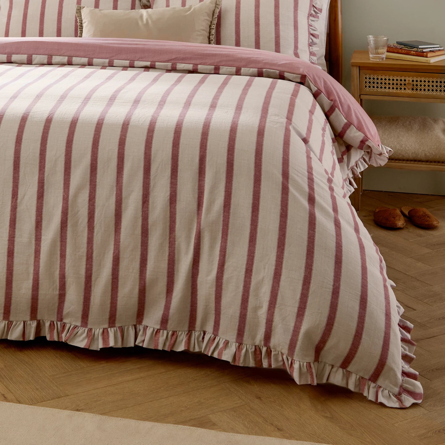 Connie Striped Ruffle Duvet Cover Set - Clay Pink