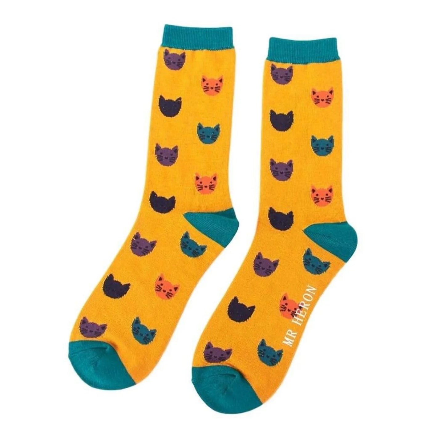Mr Heron Kitty Faces Socks - Mustard