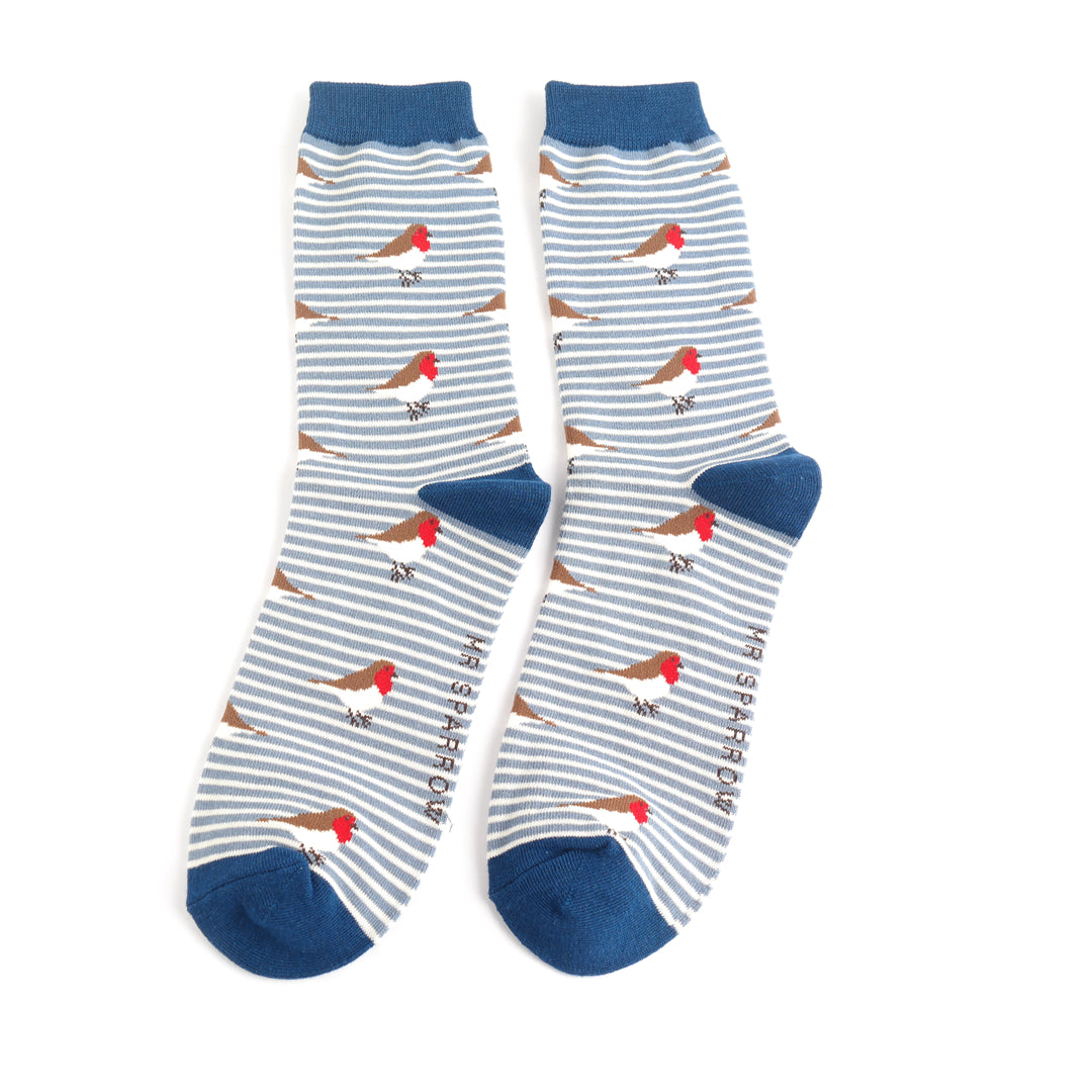 Mr Sparrow Robins on Stripes Socks - Denim