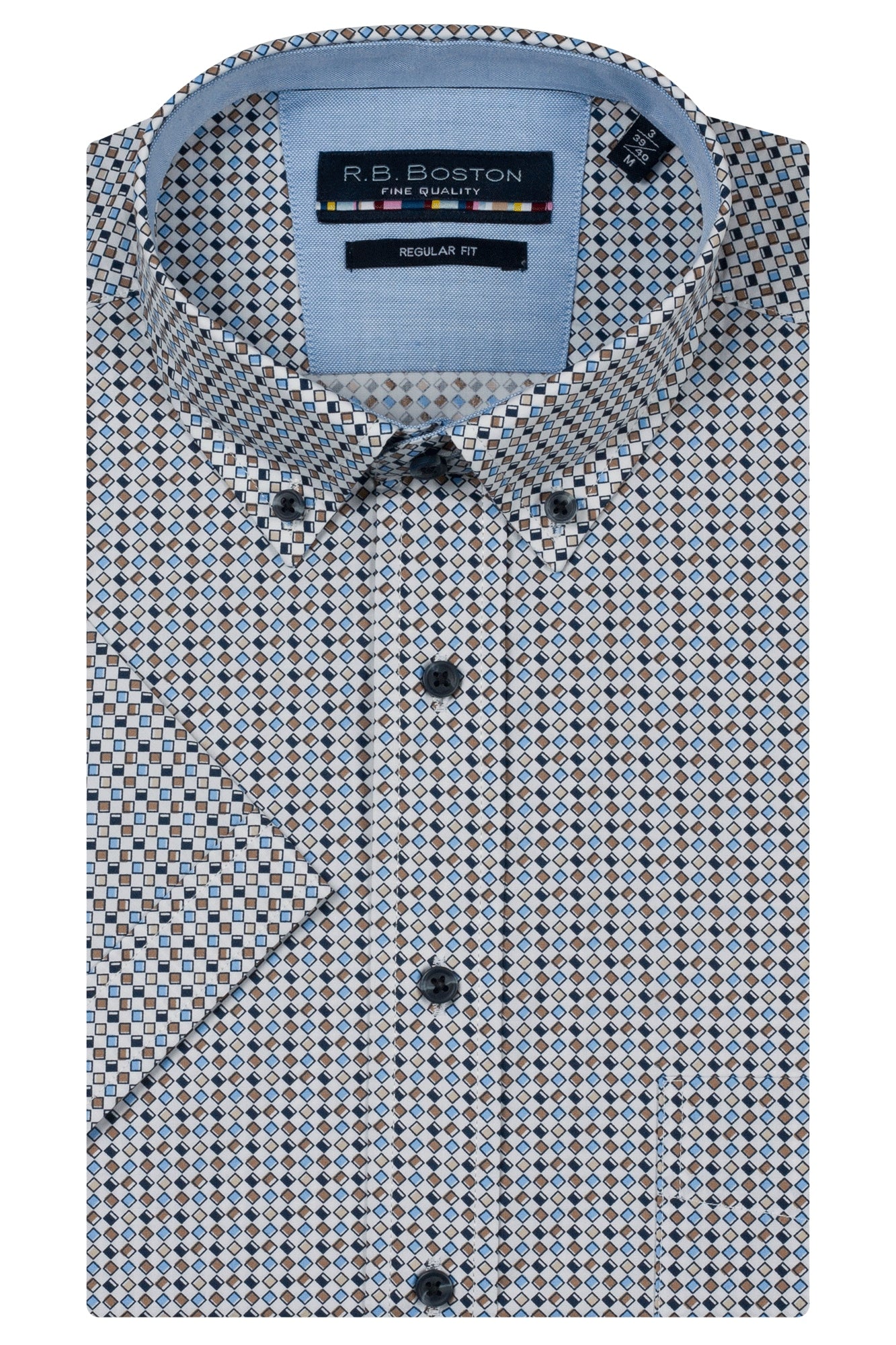 RB Boston Short Sleeve Shirt - Marshall - Sand Blue Mini Squares Print