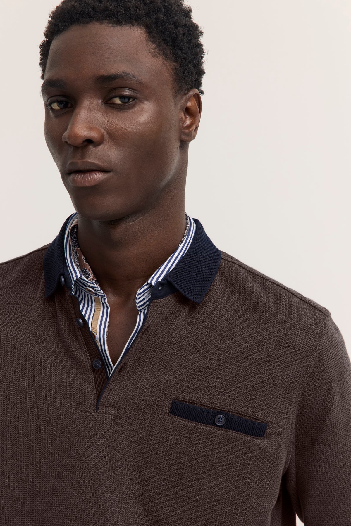 Bugatti Long Sleeve Polo Shirt - Brown/Navy