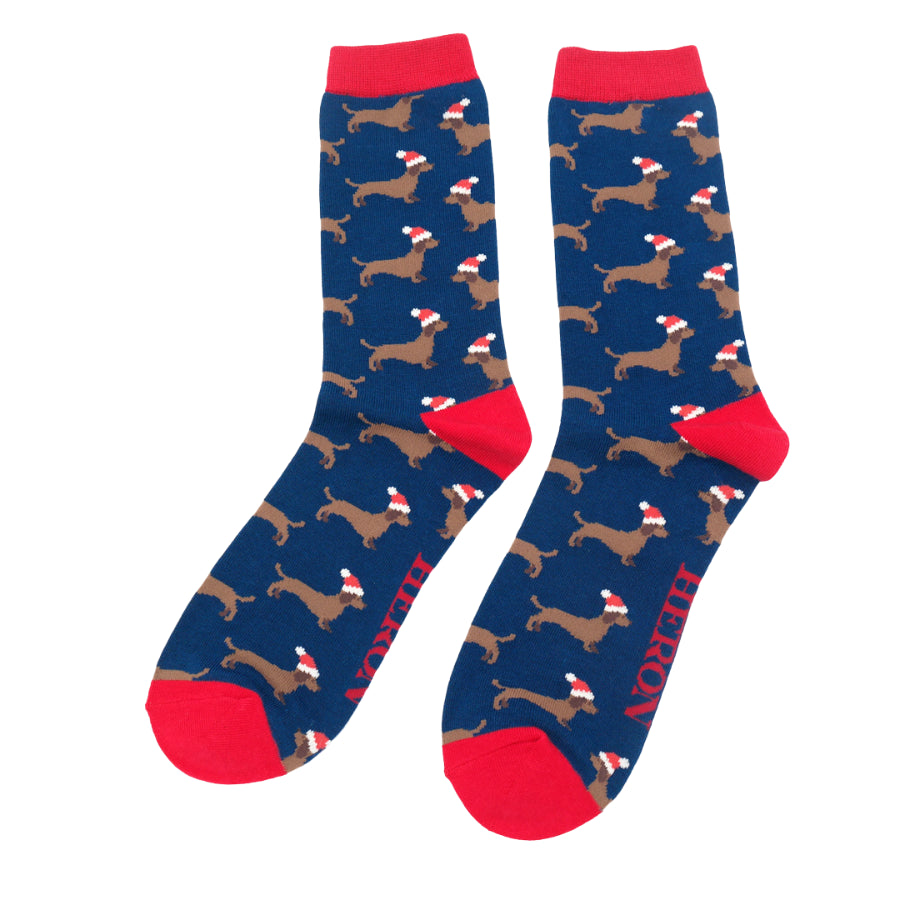 Mr Heron Sausage Dog Santa Socks - Navy