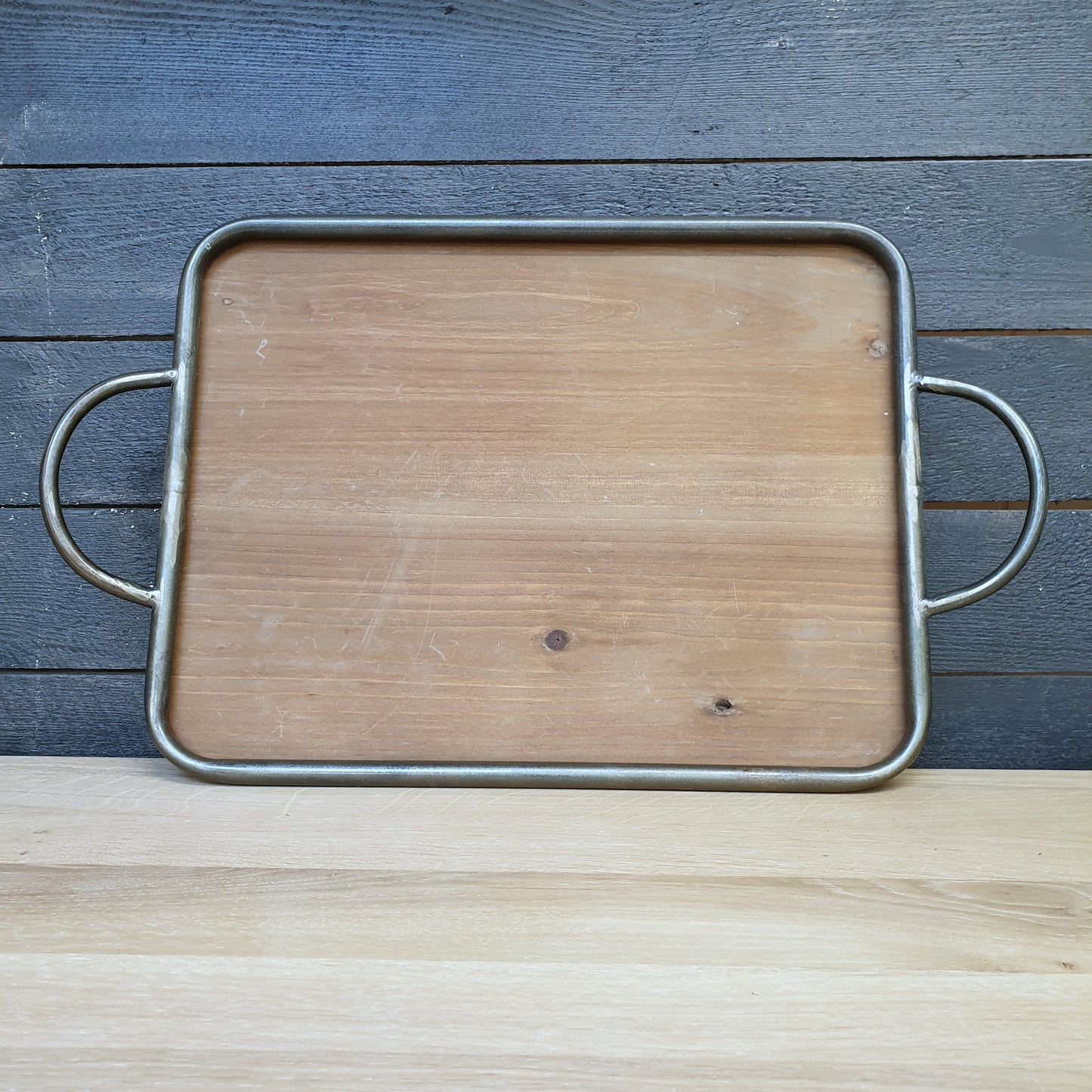 Wooden Tray With Metal Handles