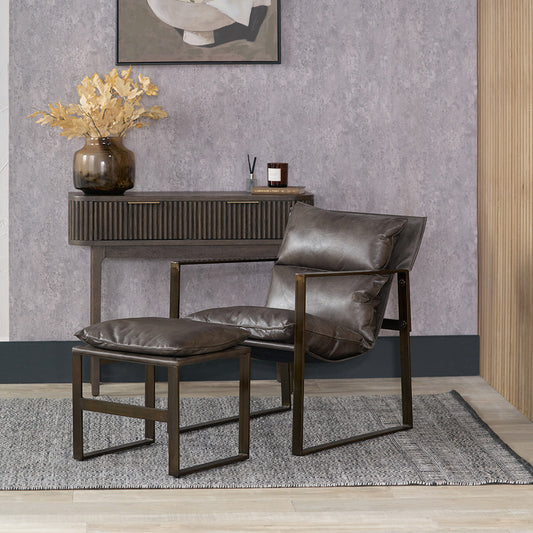 Nico Peppercorn Leather Chair and Footstool