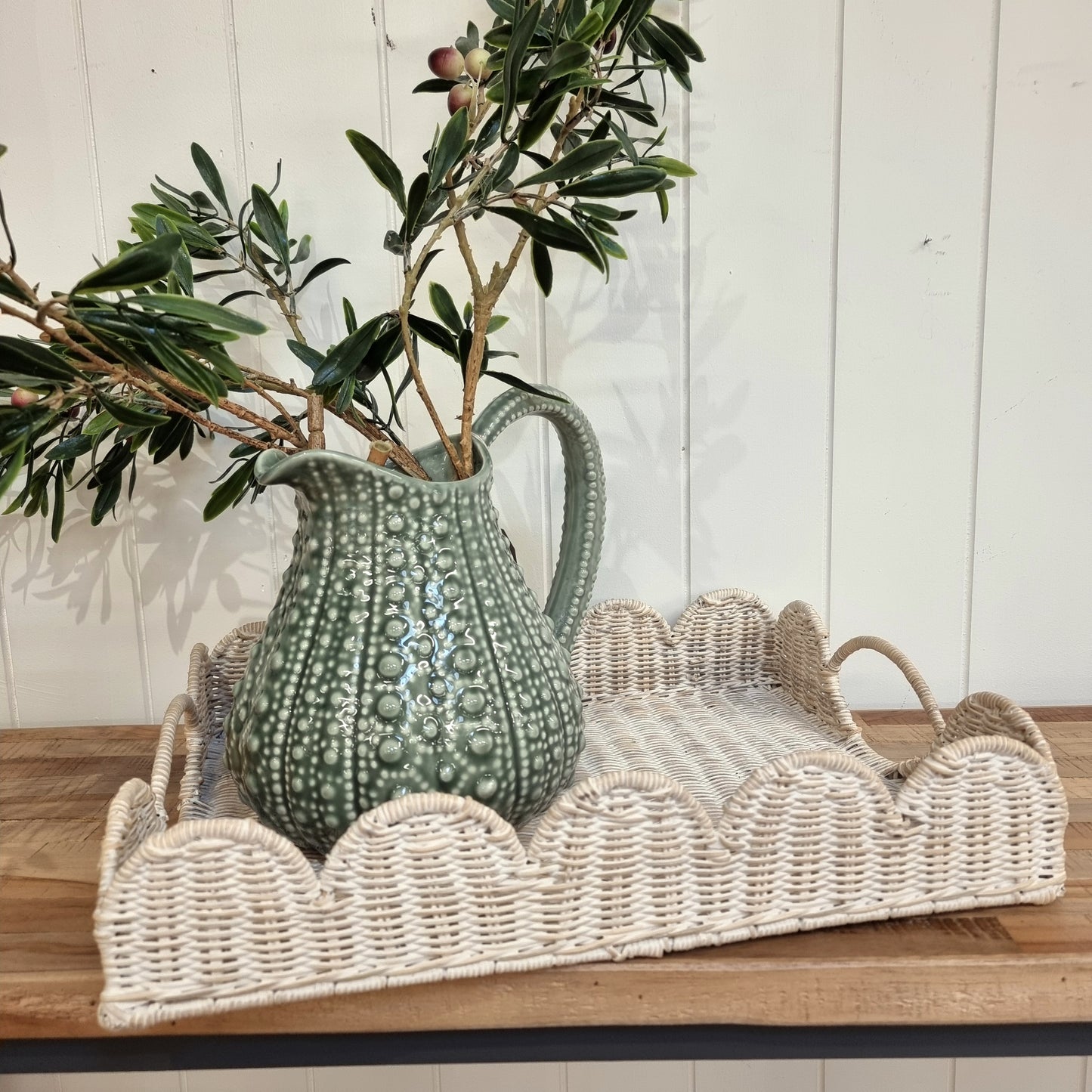 Rattan Scalloped Tray - White