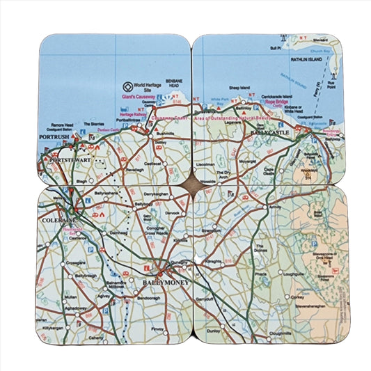 Four coasters with Causeway Coast map