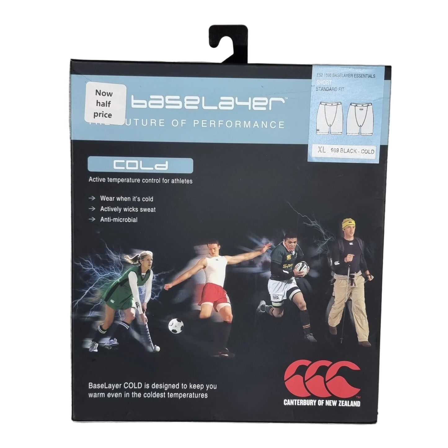 A boxed fashion accessory product lying on a light wood floor. The package is predominantly black with light blue side panels and printed photos of models wearing the items.