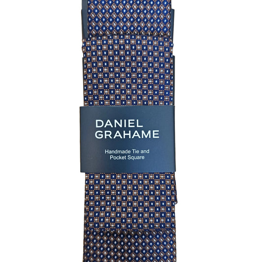 Daniel Grahame Tie and Pocket Square Set - Navy/Brown Diamonds