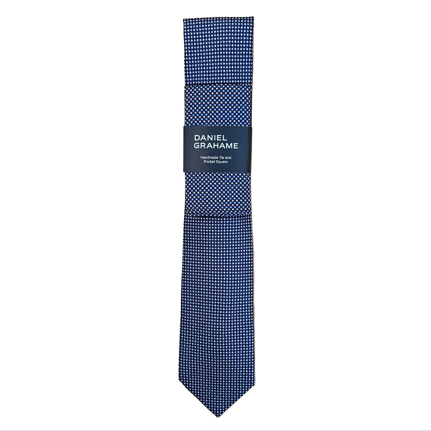 A blue and pale blue micro-check pattern necktie with a black paper band label that reads 'Daniel Grahame'.