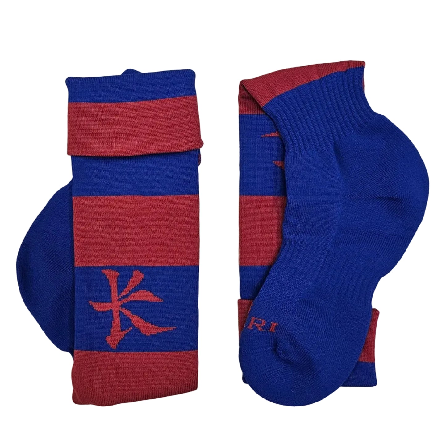 A pair of blue and maroon striped athletic socks laid flat on a light wood floor. One sock is folded to show a blue heel with a maroon Kukri logo, and the other is laid flat showing the blue ribbed cuff and maroon toe.
