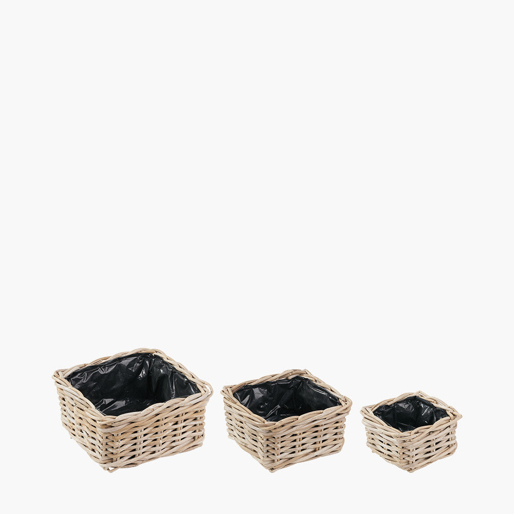 Indoor/Outdoor Grey Kubu Rattan Square Basket Planters (Set of 3)