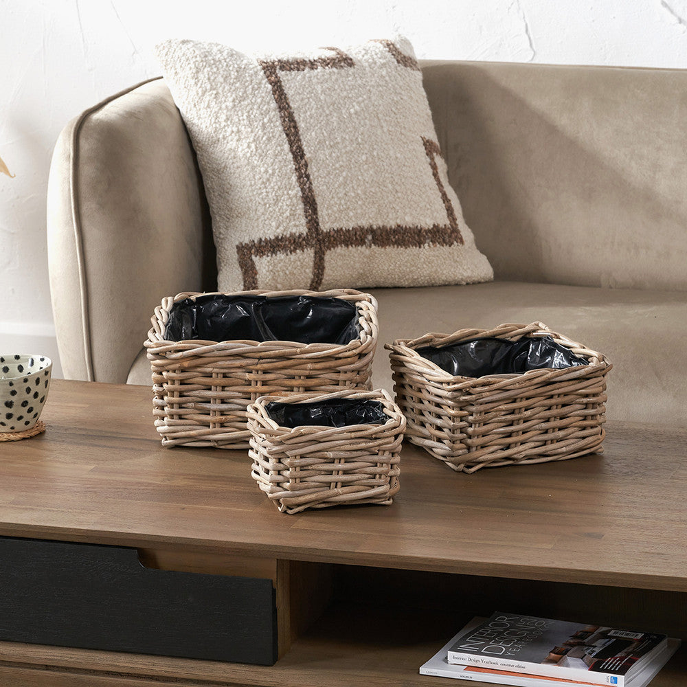 Indoor/Outdoor Grey Kubu Rattan Square Basket Planters (Set of 3)