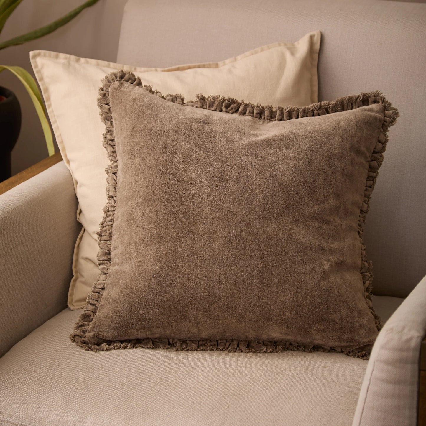 Bertie Washed Cotton Velvet Cushion Cover - Chocolate