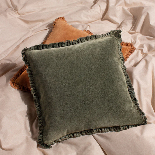 Bertie Washed Cotton Velvet Cushion Cover - Moss
