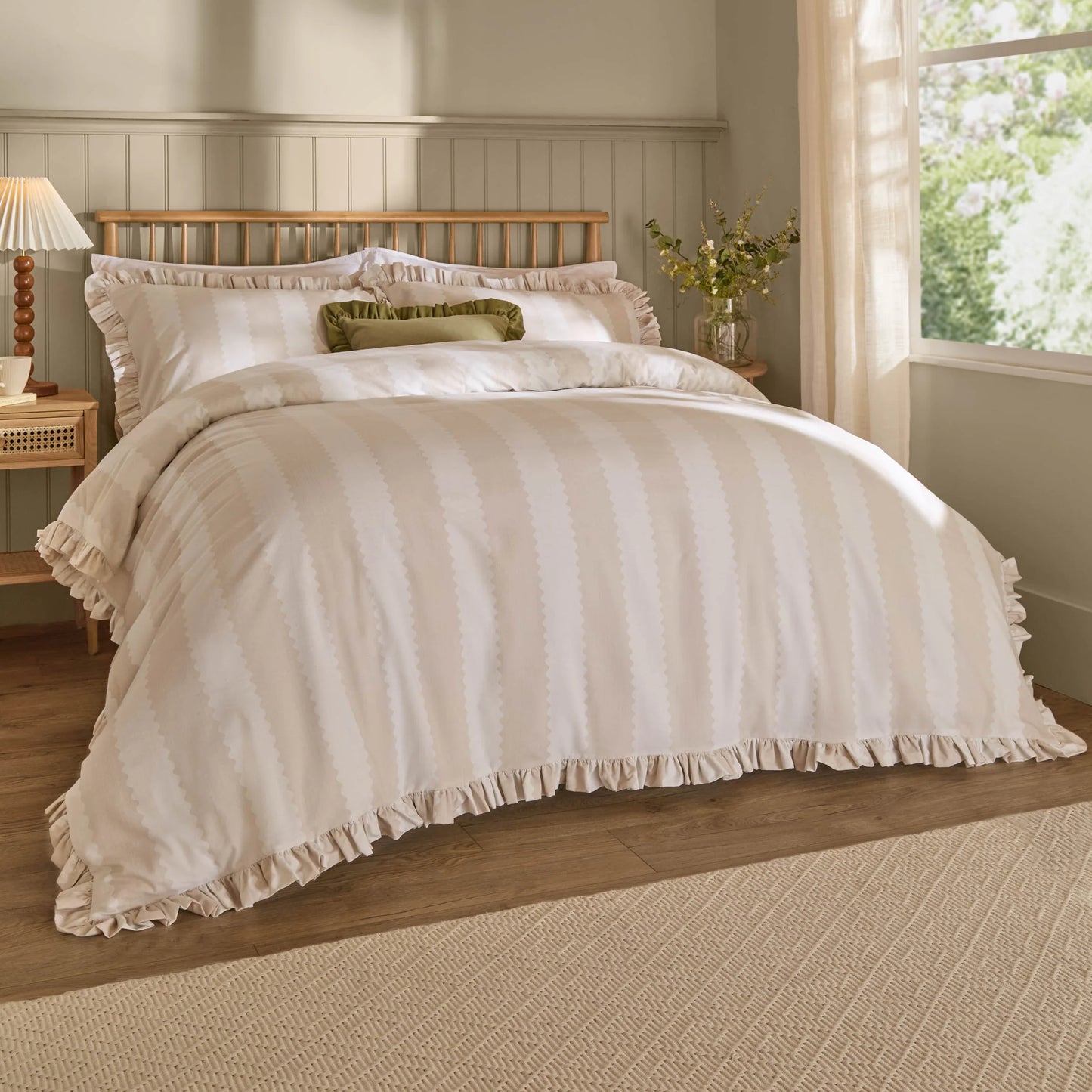 Birdie Stripe Ruffle Duvet Cover Set - Oat/Milk