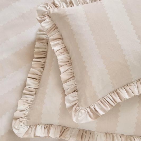 Birdie Stripe Ruffle Duvet Cover Set - Oat/Milk