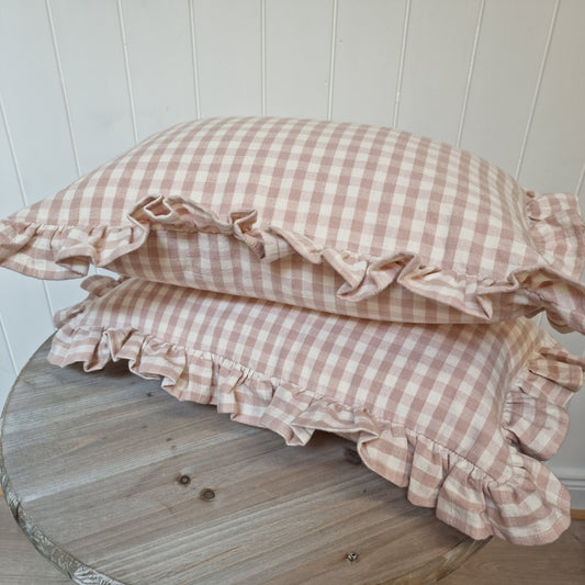 Gingham Ruffle Cushion - Plaster Pink