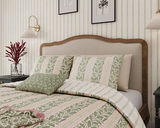 Harvest Moon Oak Stripe Duvet Cover Set - Green/Pink