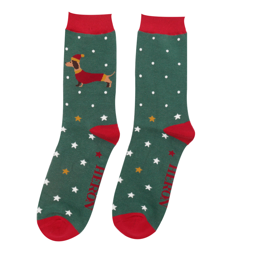 Mr Heron Festive Sausage Dogs Socks - Dark Green