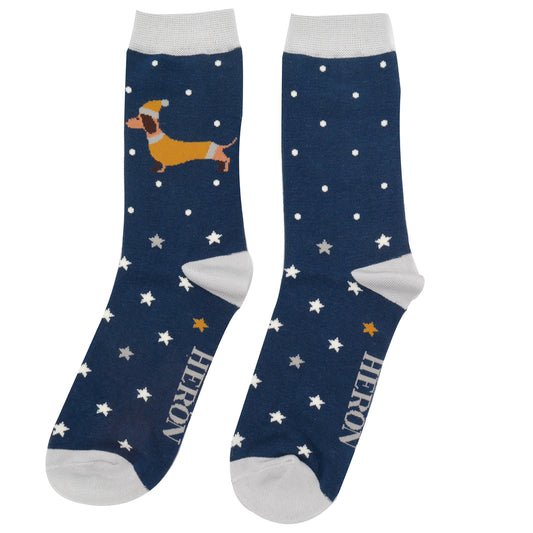 Mr Heron Festive Sausage Dogs Socks - Navy