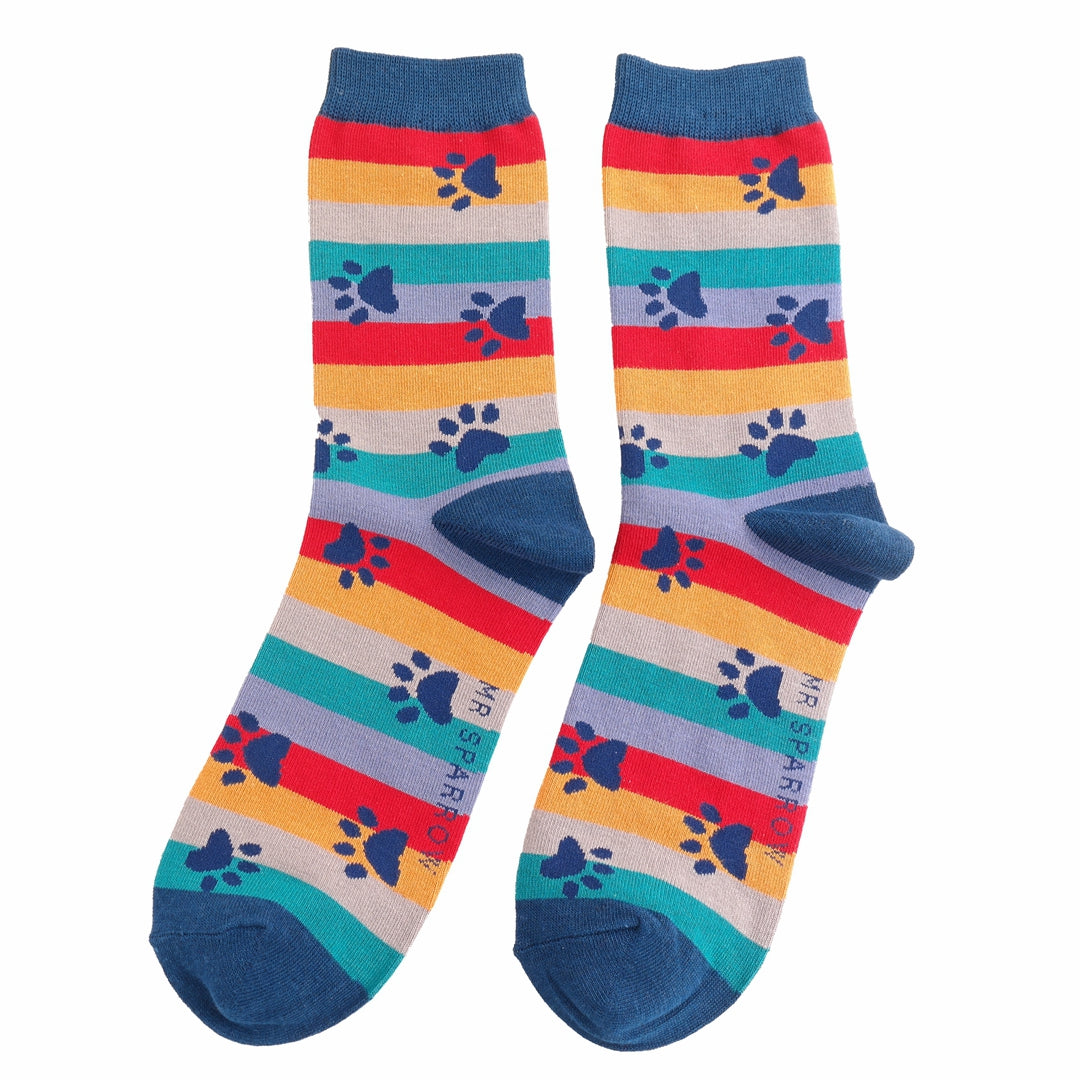 Mr Sparrow Paw Prints & Stripes Socks - Navy