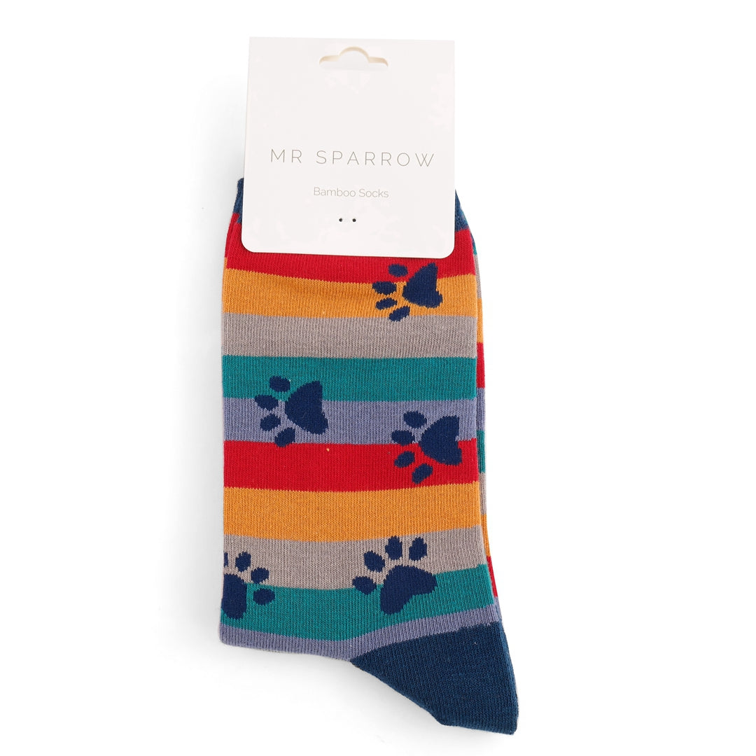 Mr Sparrow Paw Prints & Stripes Socks - Navy