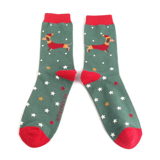 Mr Sparrow Festive Sausage Dogs Socks - Dark Green