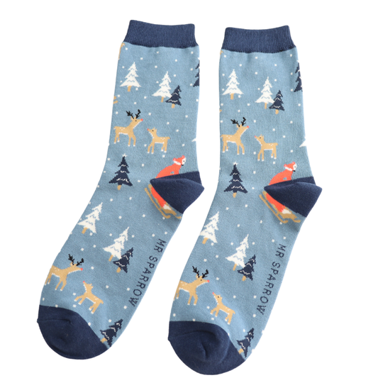 Mr Sparrow Festive Foxes Socks - Denim