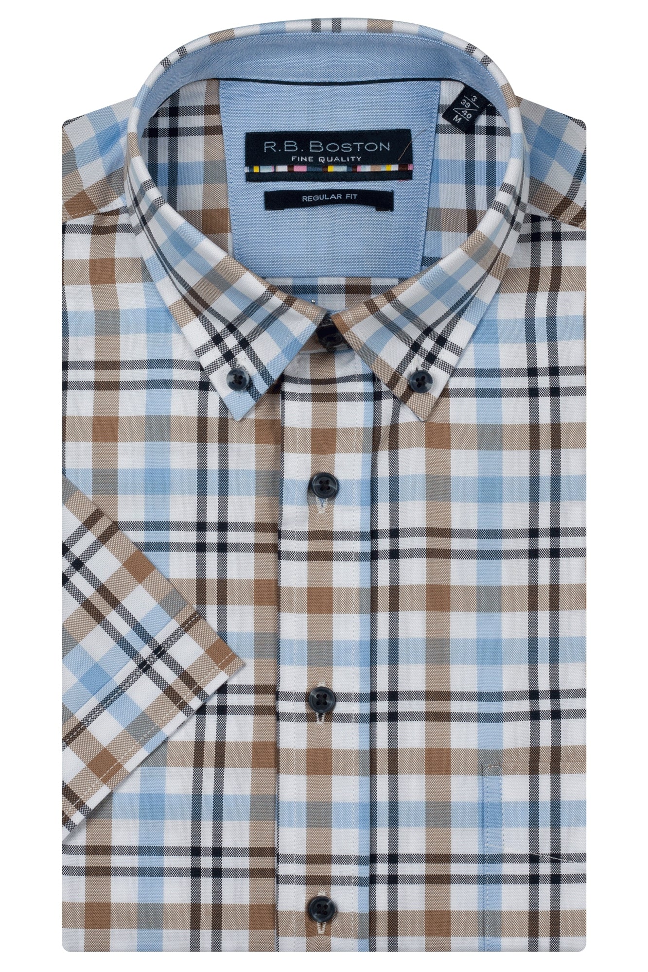 RB Boston Short Sleeve Shirt - Marshall - Brown Blue Double Stripe Check