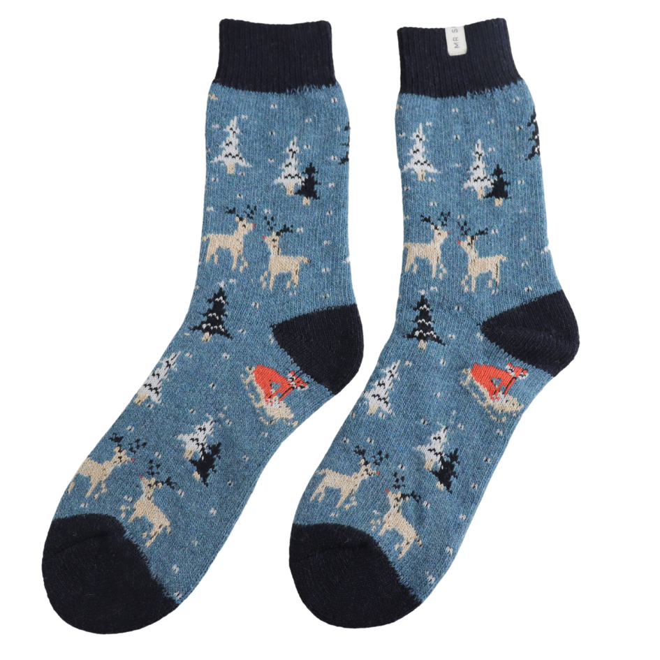 Mr Sparrow Festive Foxes Wool Socks - Denim