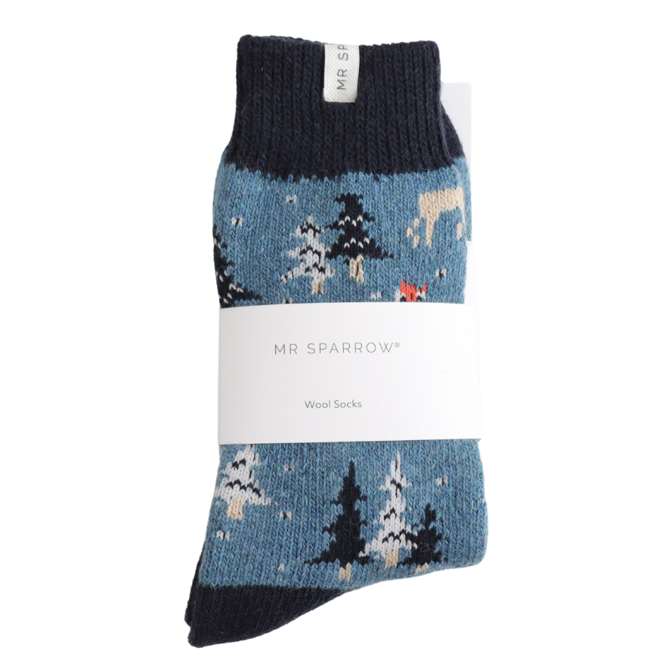 Mr Sparrow Festive Foxes Wool Socks - Denim