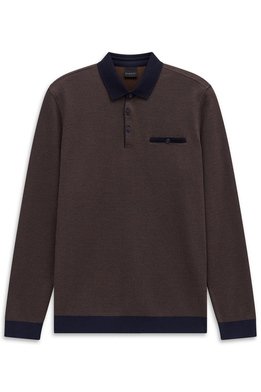 Bugatti Long Sleeve Polo Shirt - Brown/Navy