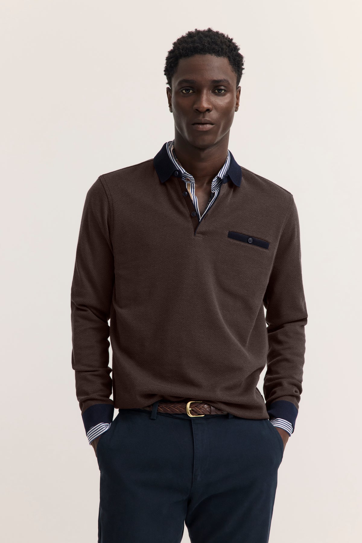 Bugatti Long Sleeve Polo Shirt - Brown/Navy