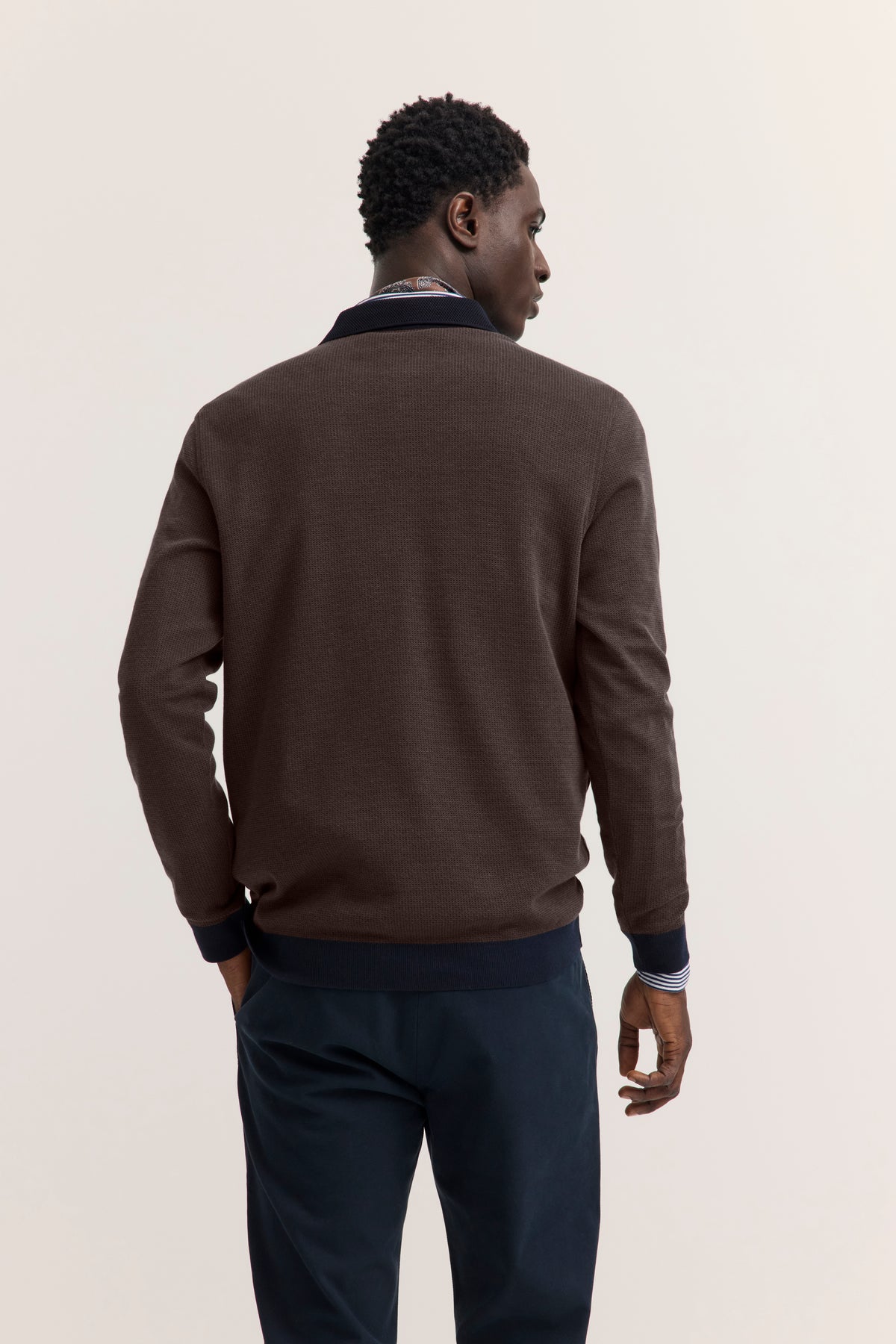 Bugatti Long Sleeve Polo Shirt - Brown/Navy