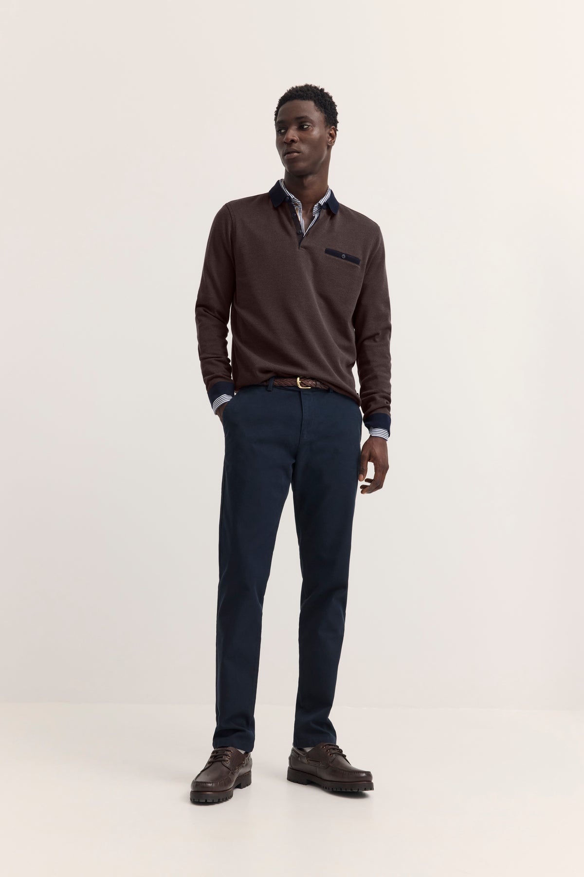 Bugatti Long Sleeve Polo Shirt - Brown/Navy